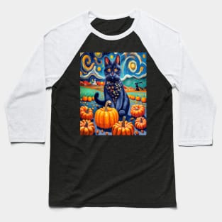 Cat Van Gogh Style Halloween Pumpkins Baseball T-Shirt